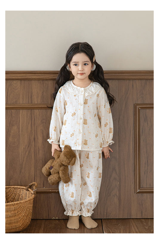 Girls Lace Collar Pyjama Set, Teddy Dreams