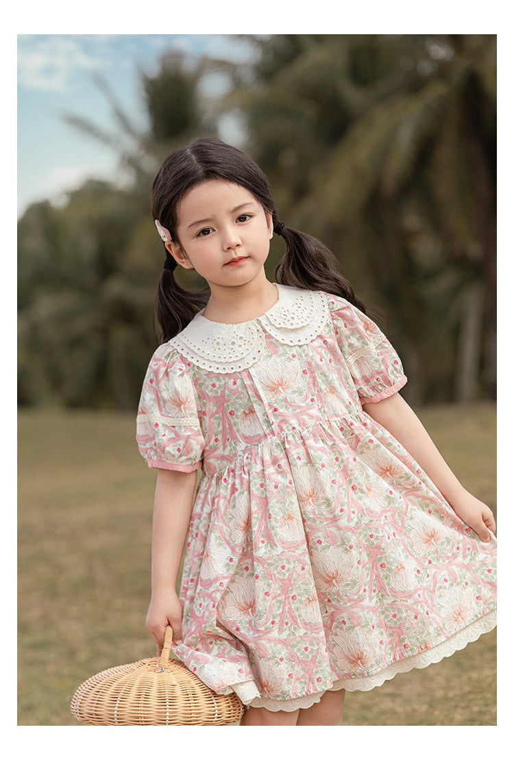 Girls Pink Floral Broderie Collar Puff-Sleeve Dress