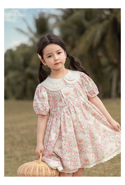 Girls Pink Floral Broderie Collar Puff-Sleeve Dress
