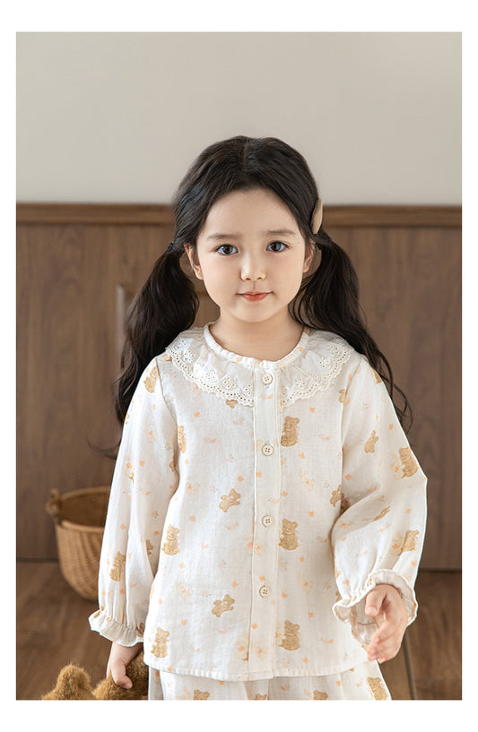 Girls Lace Collar Cotton Pyjama Set, Bear & Floral