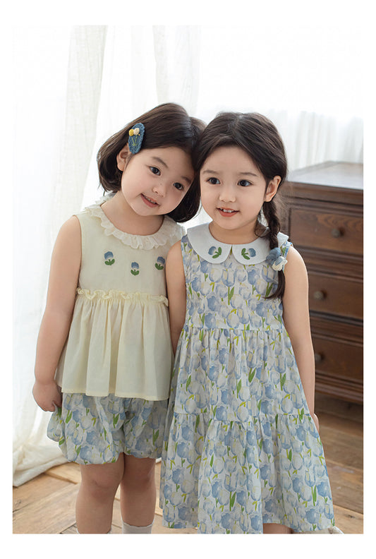 Girls Floral Embroidered Sleeveless Dress, Blue Tulips
