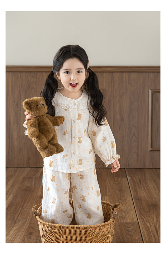 Girls Lace Collar Cotton Pyjama Set, Bear & Floral