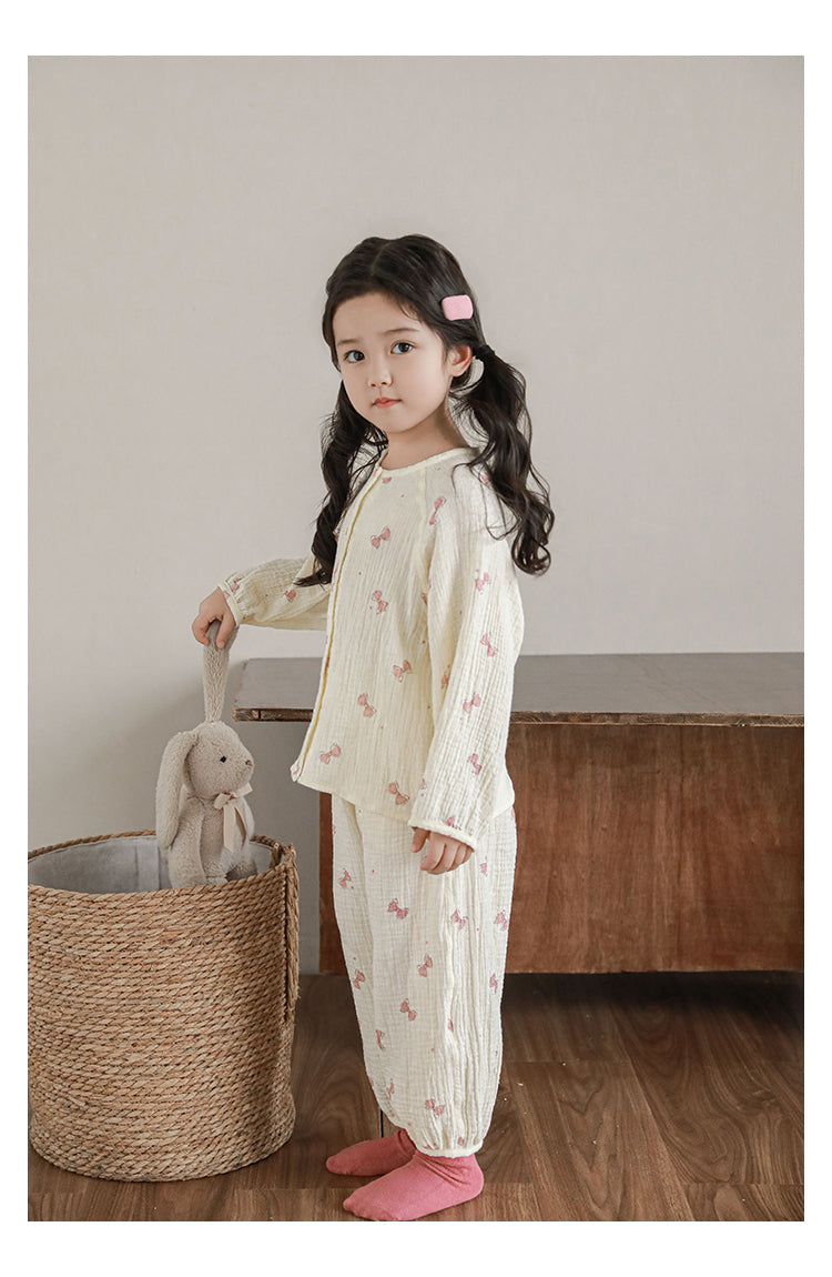 Girls Cotton Muslin Pyjama & Lounge Set, Pink Bow