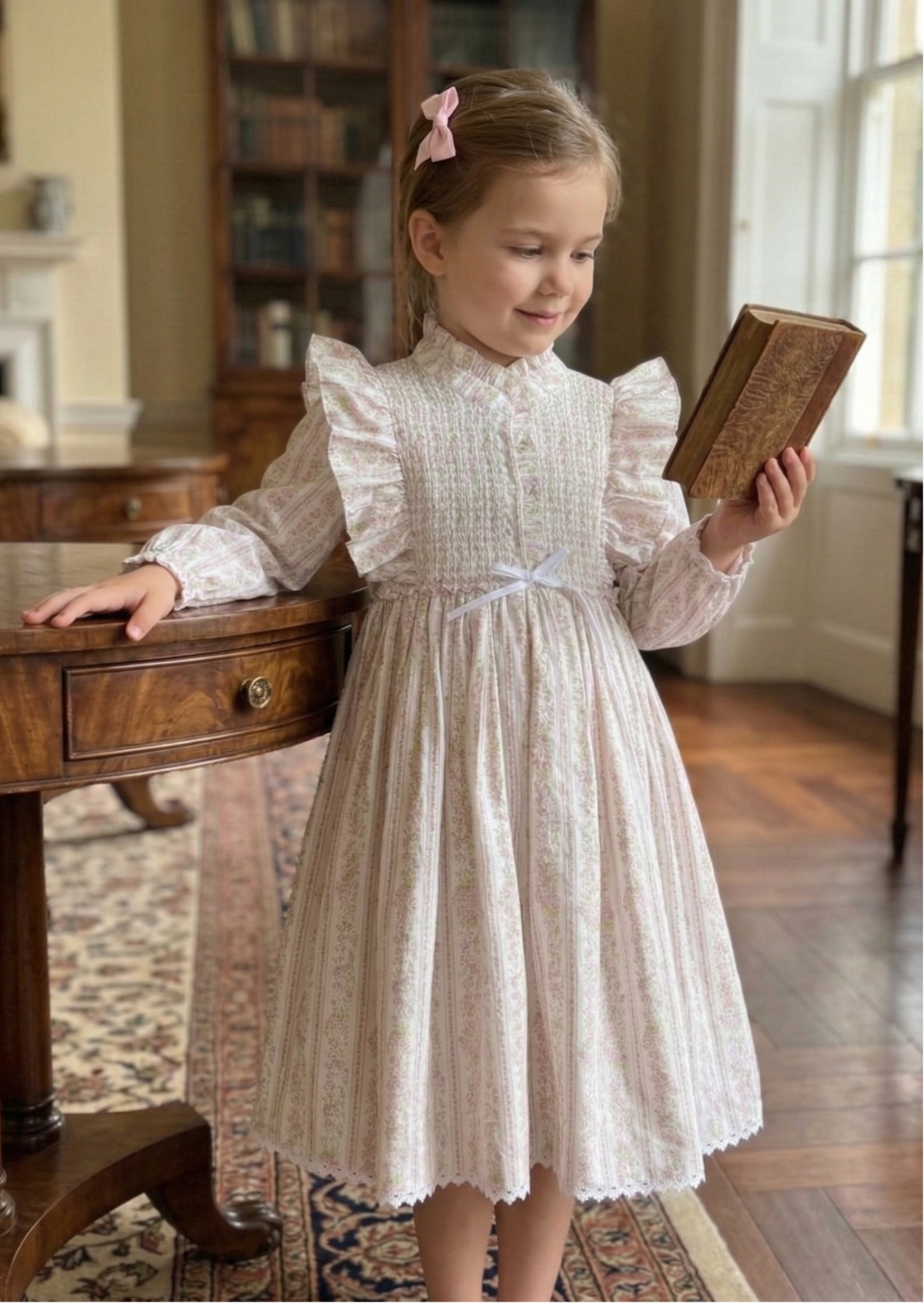 Rosalie Ruffled Smock Dress, Pink Floral Stripe