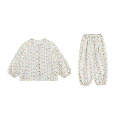 Girls Cotton Muslin Pyjama & Lounge Set, Teddy & Floral Stripe
