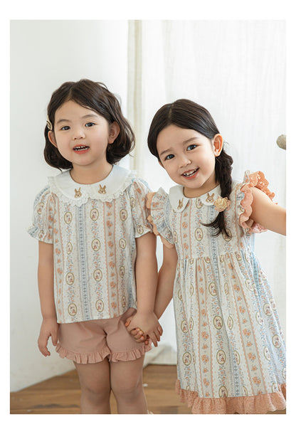 Girls Embroidered Collar Ruffled Dress, Bunny & Floral