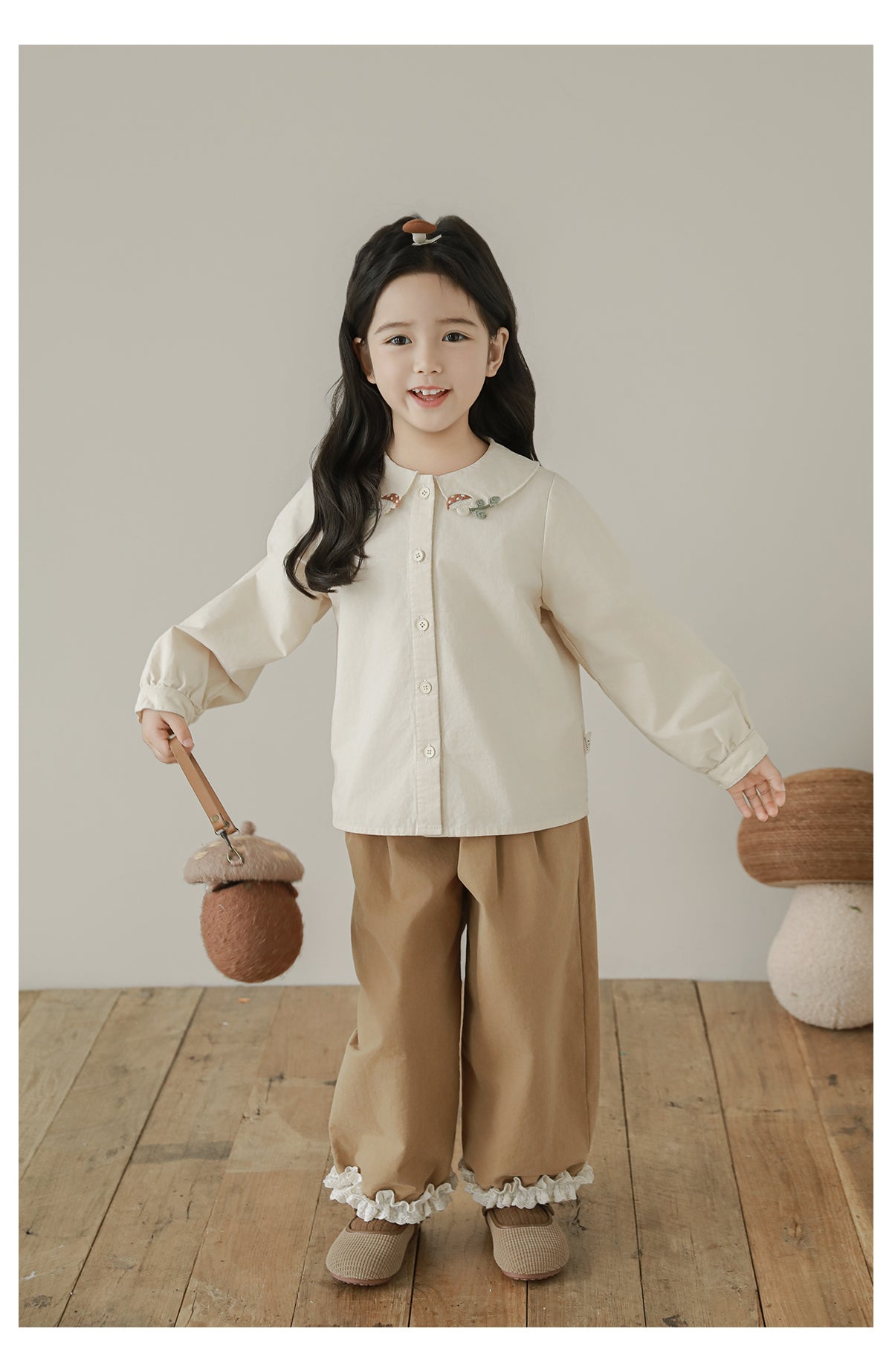Girls Pleated Lace Hem Tapered Trousers, Camel