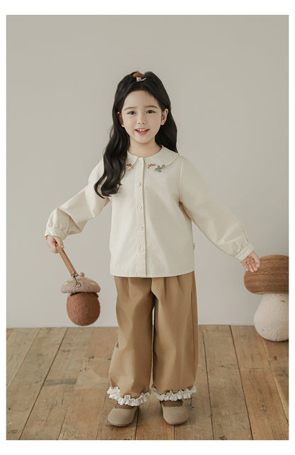 Girls Pleated Lace Hem Tapered Trousers, Camel