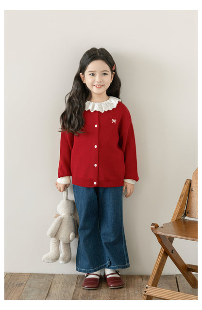 Girls Bow Embroidered Knit Cardigan, Berry Red