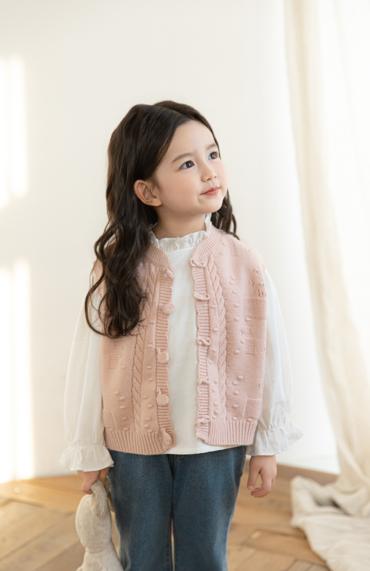 Girls Cable Knit Cardigan Vest, Blush Pink