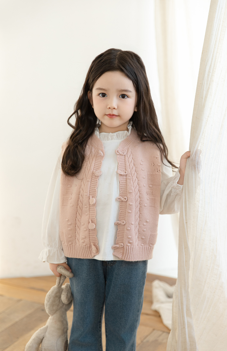 Girls Cable Knit Cardigan Vest, Blush Pink