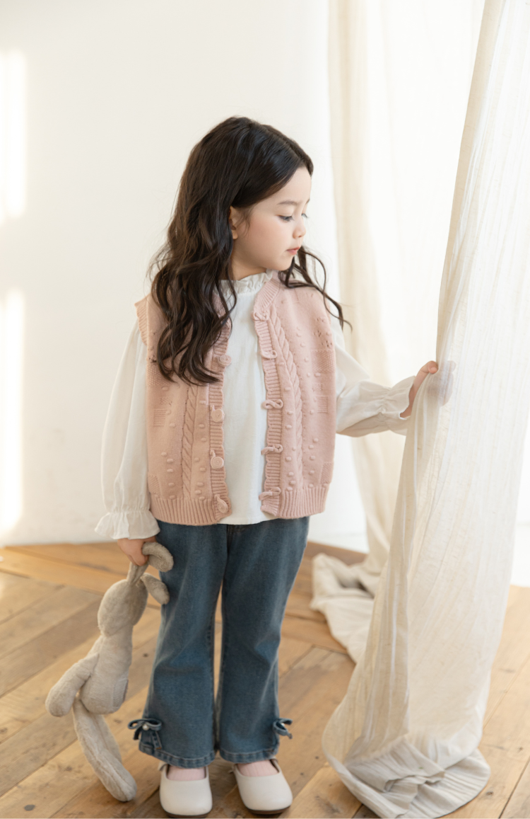 Girls Cable Knit Cardigan Vest, Blush Pink