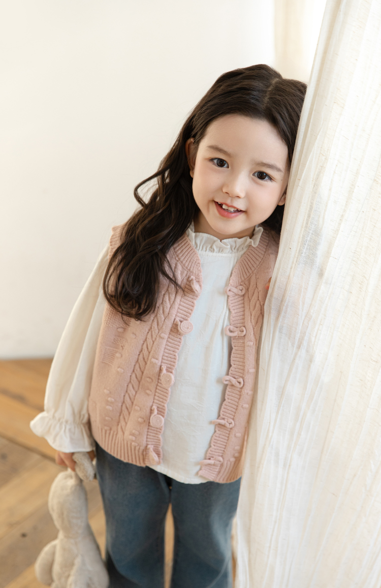 Girls Cable Knit Cardigan Vest, Blush Pink