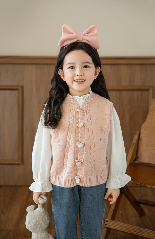 Girls Cable Knit Cardigan Vest, Blush Pink