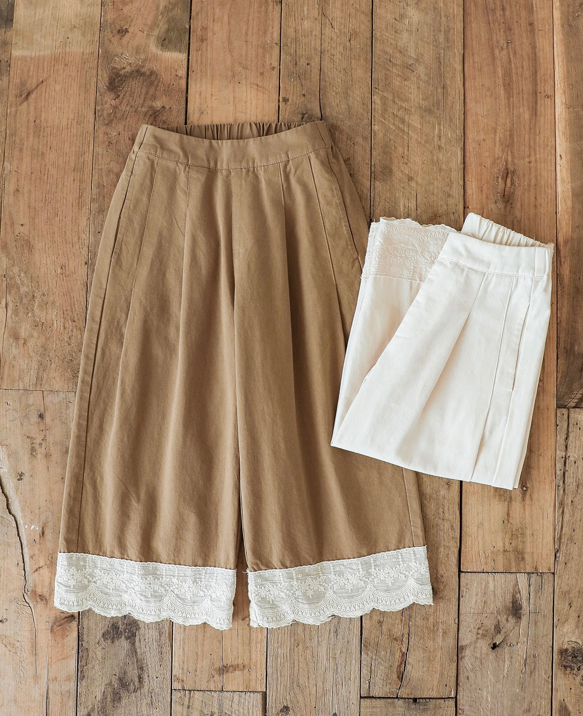 Girls Lace Embroidered Pleated Trousers, Camel