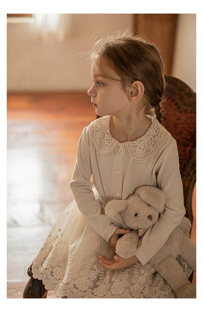 Girls Lace Collar Ribbed Button-Front Blouse, Ivory