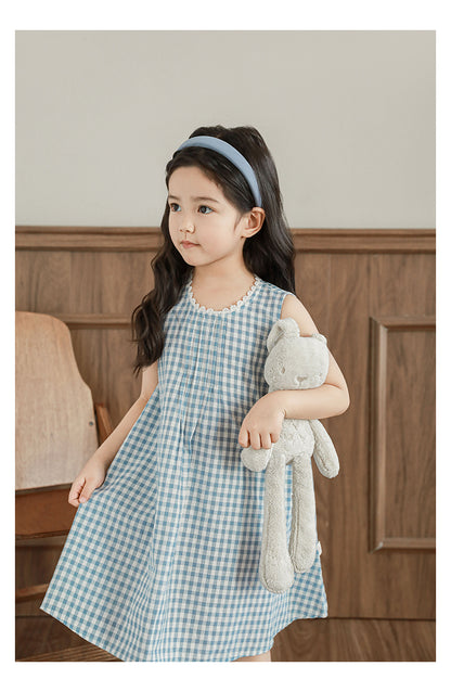 Girls Lace Trim Pleated Dress, Blue Gingham
