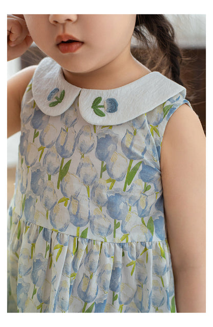 Girls Embroidered Collar Sleeveless Dress, Blue Floral