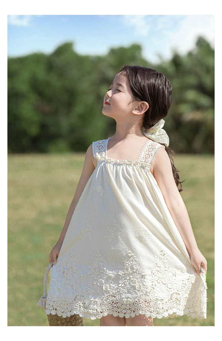 Girls Floral Embroidered Broderie Strap Dress, Ivory