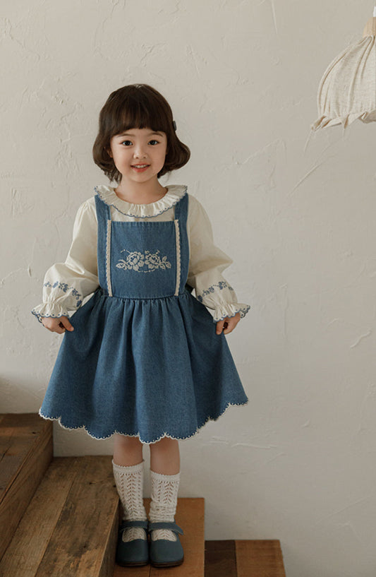 Isla Embroidered Denim Pinafore Dress, Classic Blue