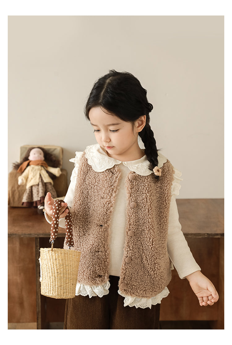 Girls Lace Trim Faux Shearling Teddy Vest, Latte