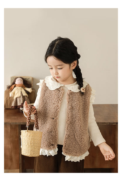 Girls Lace Trim Faux Shearling Teddy Vest, Latte