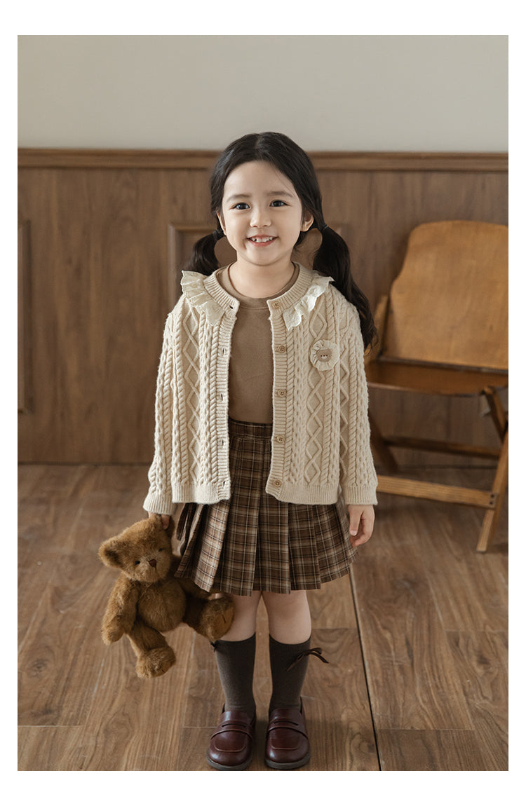 Baby Girl Bear Patch Lace Detail Cardigan, Oat