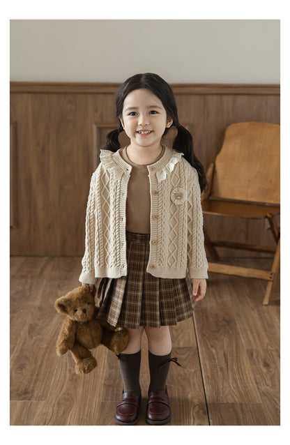 Baby Girl Bear Patch Lace Detail Cardigan, Oat