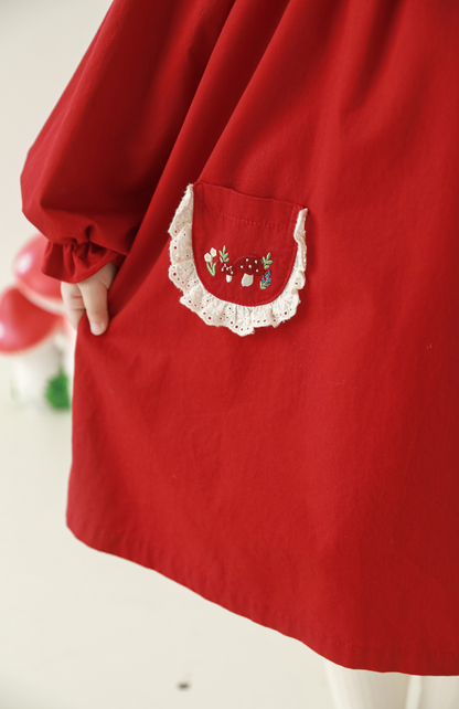 Girls Woodland Embroidered Dress, Berry Red