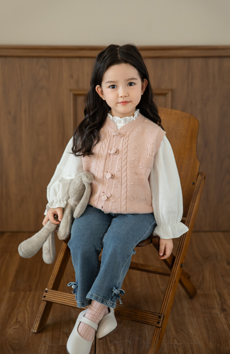 Girls Cable Knit Cardigan Vest, Blush Pink