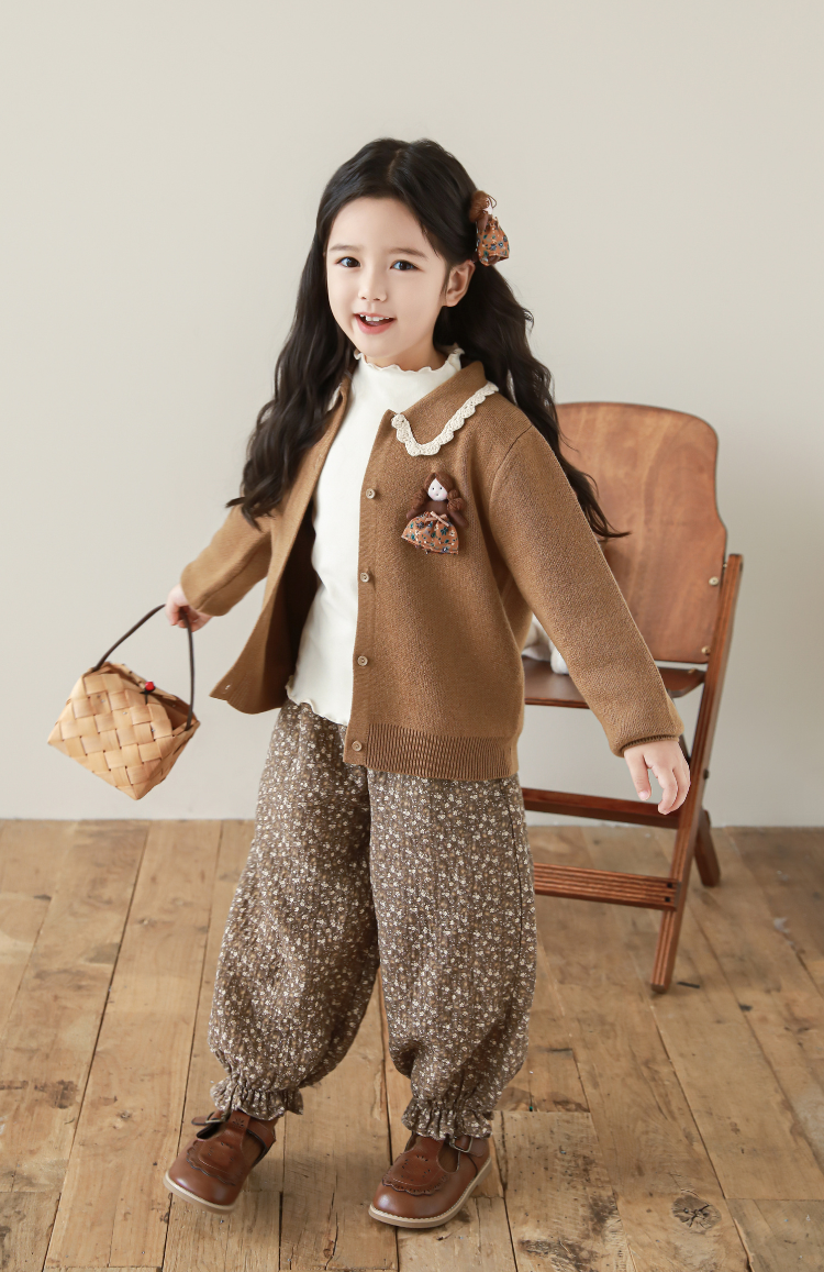 Girls Floral Balloon Tapered Trousers, Mocha Brown