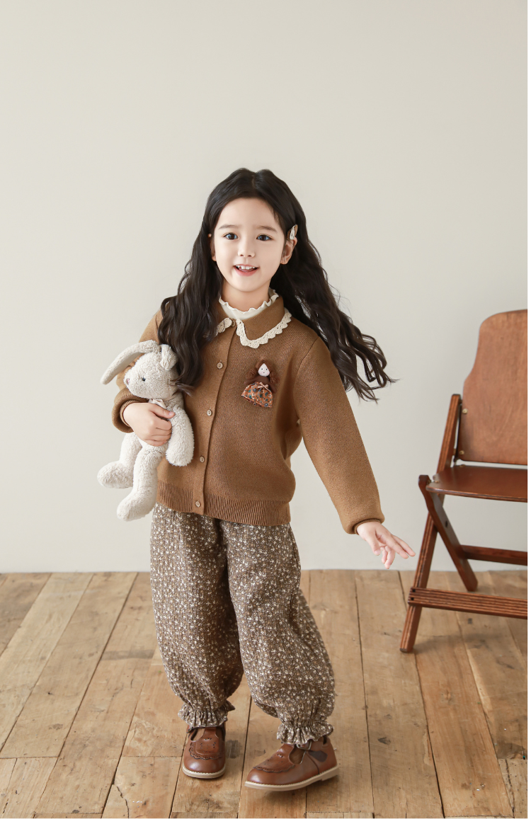 Girls Floral Balloon Tapered Trousers, Mocha Brown