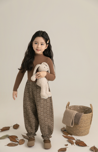 Girls Floral Balloon Tapered Trousers, Mocha Brown