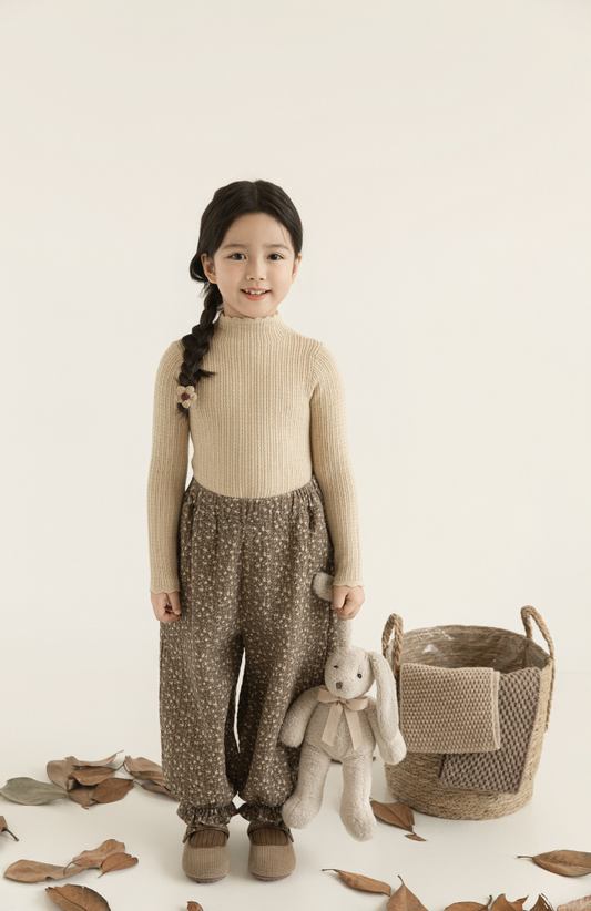 Girls Floral Balloon Tapered Trousers, Mocha Brown
