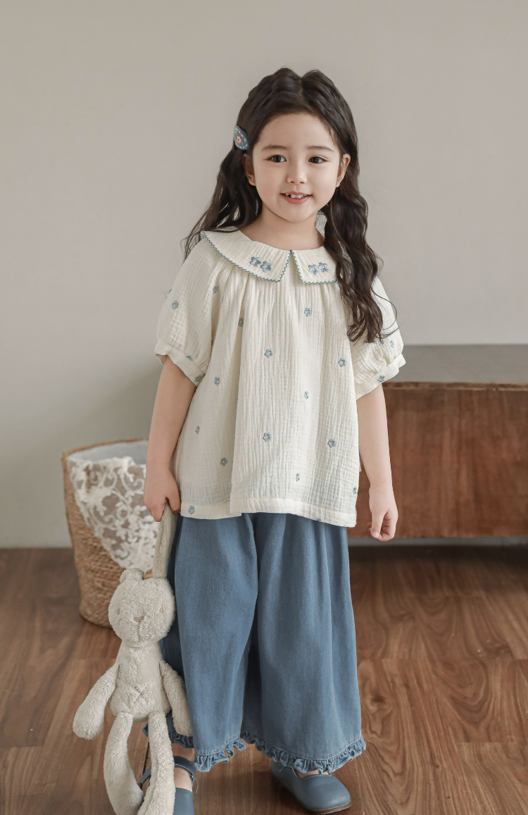Girls Floral Embroidered Muslin Blouse, Ivory & Blue