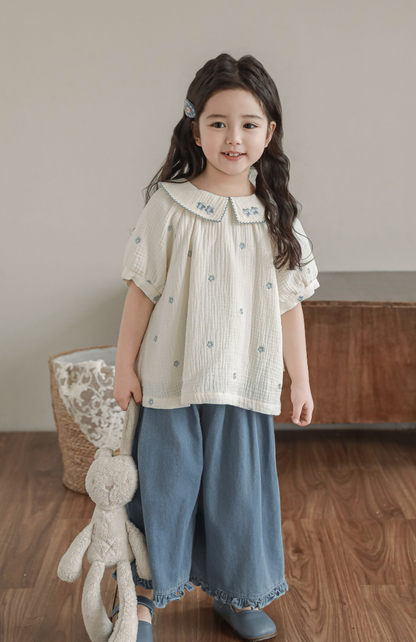 Girls Floral Embroidered Muslin Blouse, Ivory & Blue