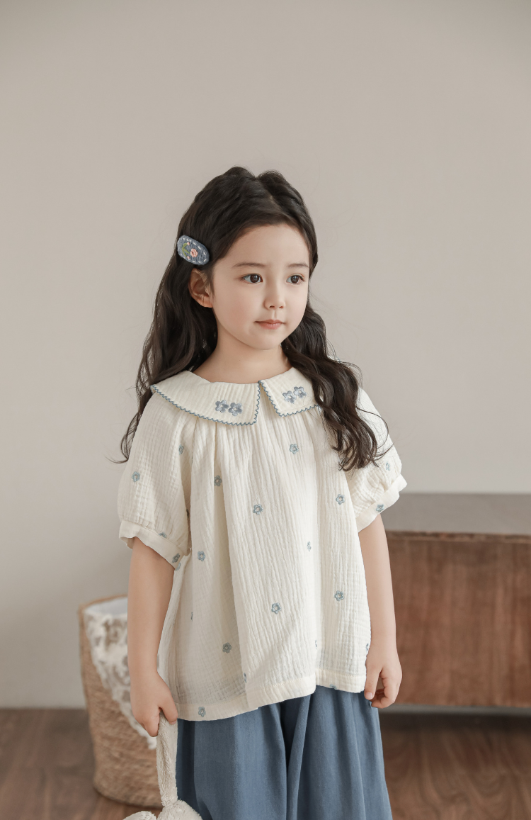 Girls Floral Embroidered Muslin Blouse, Ivory & Blue