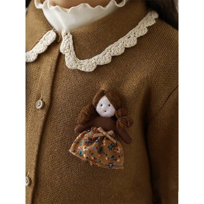 Girls Lace Collar Doll Detail Cardigan, Camel