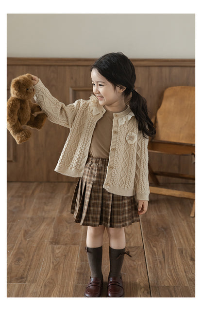 Baby Girl Bear Patch Lace Detail Cardigan, Oat