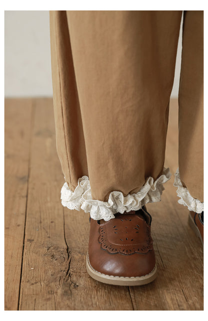 Girls Pleated Lace Hem Tapered Trousers, Camel