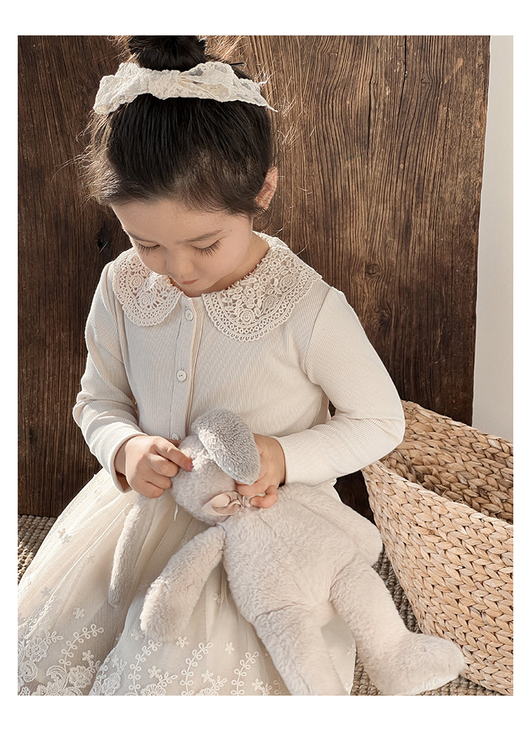 Girls Lace Collar Ribbed Button-Front Blouse, Ivory