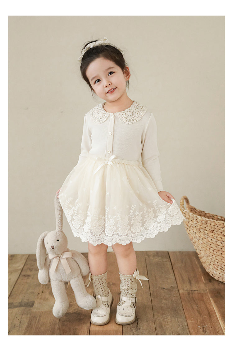 Girls Lace Collar Ribbed Button-Front Blouse, Ivory