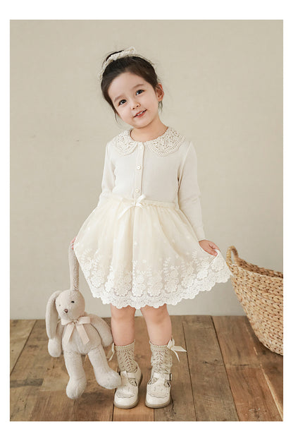 Girls Lace Collar Ribbed Button-Front Blouse, Ivory