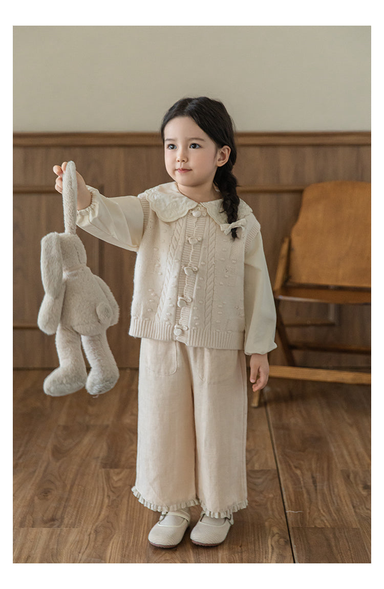 Girls Linen Blend Trousers with Ruffled Lace Hem, Oat