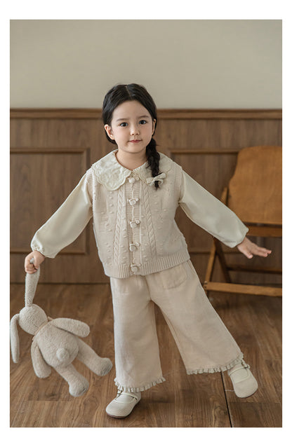 Girls Linen Blend Trousers with Ruffled Lace Hem, Oat