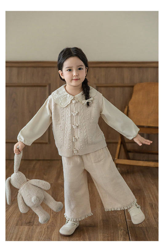 Girls Linen Blend Trousers with Ruffled Lace Hem, Oat