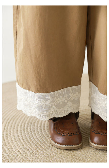 Girls Lace Hem Wide-Leg Trousers, Camel