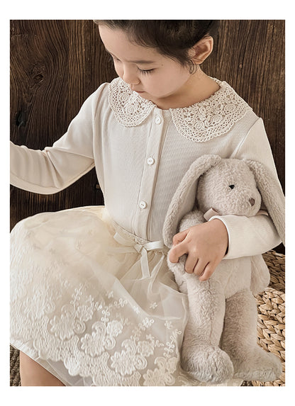 Girls Lace Collar Ribbed Button-Front Blouse, Ivory
