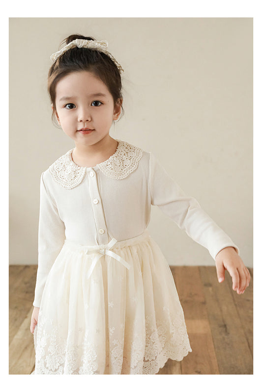 Girls Lace Collar Ribbed Button-Front Blouse, Ivory