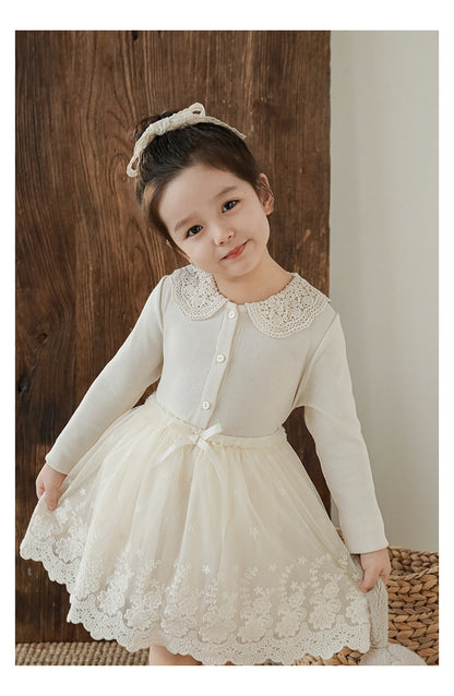 Girls Lace Collar Ribbed Button-Front Blouse, Ivory